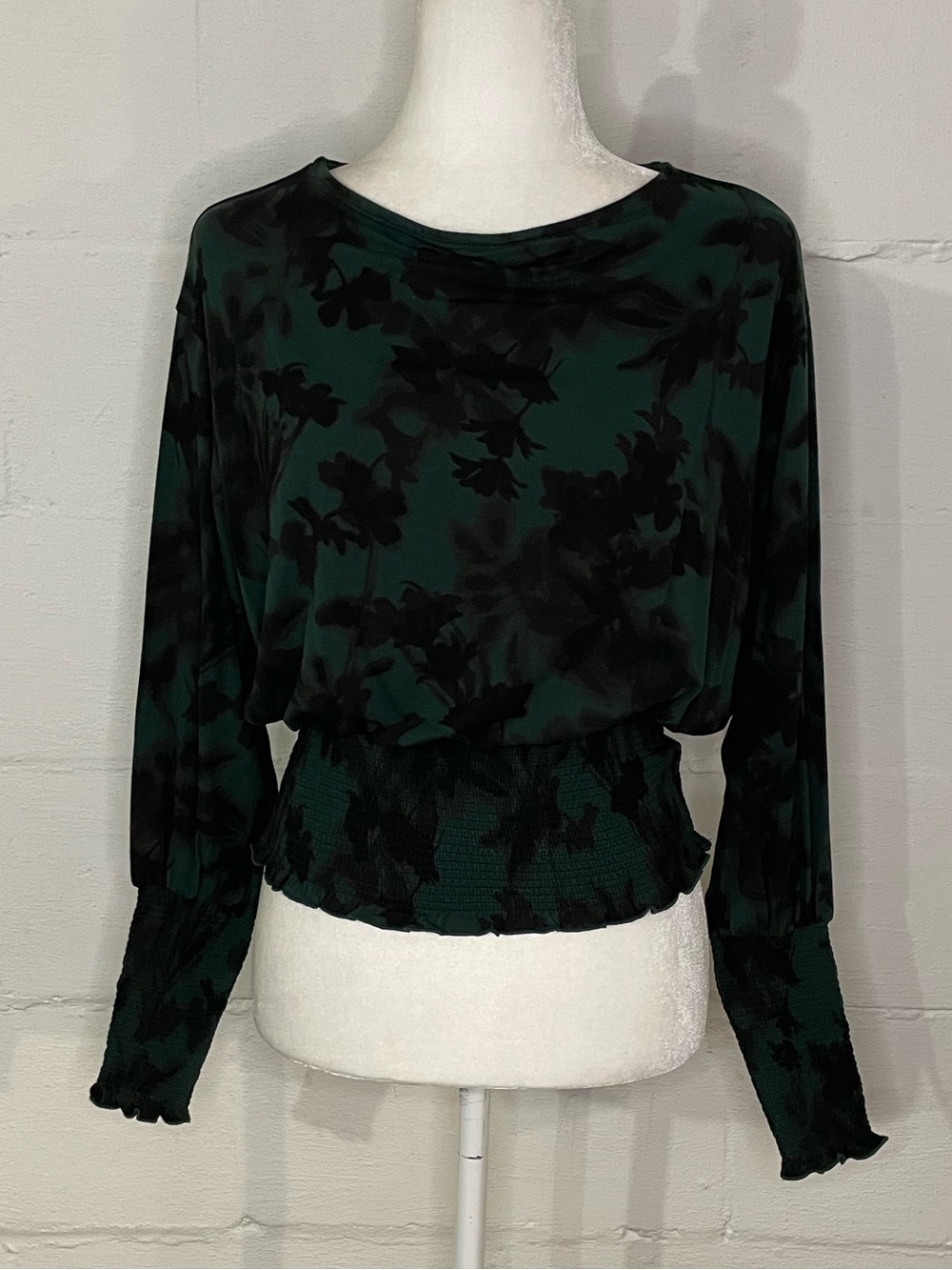 Madewell Dark Green and Black Floral Smocked-Hem Long Sleeve Top
